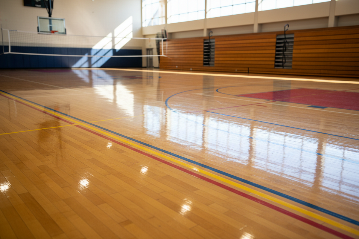 A vast freshly refinished gymnasium sport-court wood floor with a mirror sheen