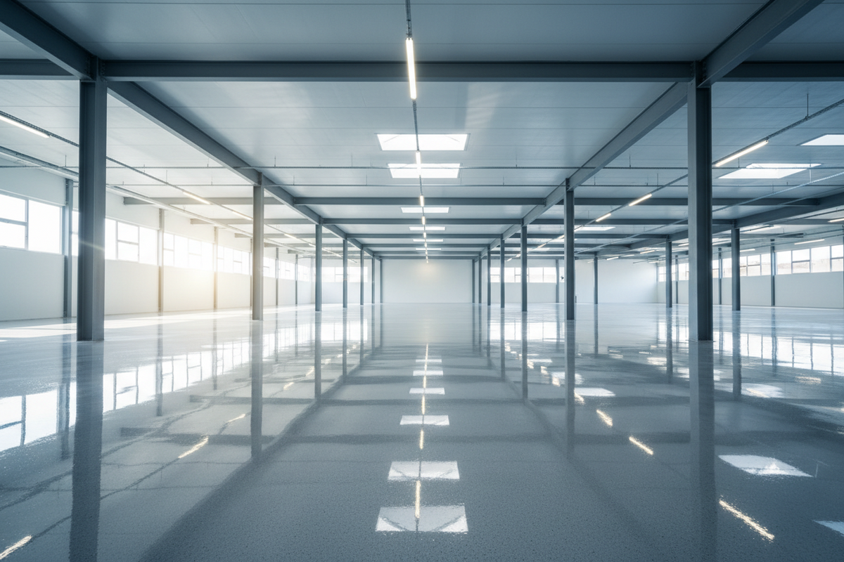 Vast glossy epoxy-coated concrete floor with mirror reflections in a bright industrial space