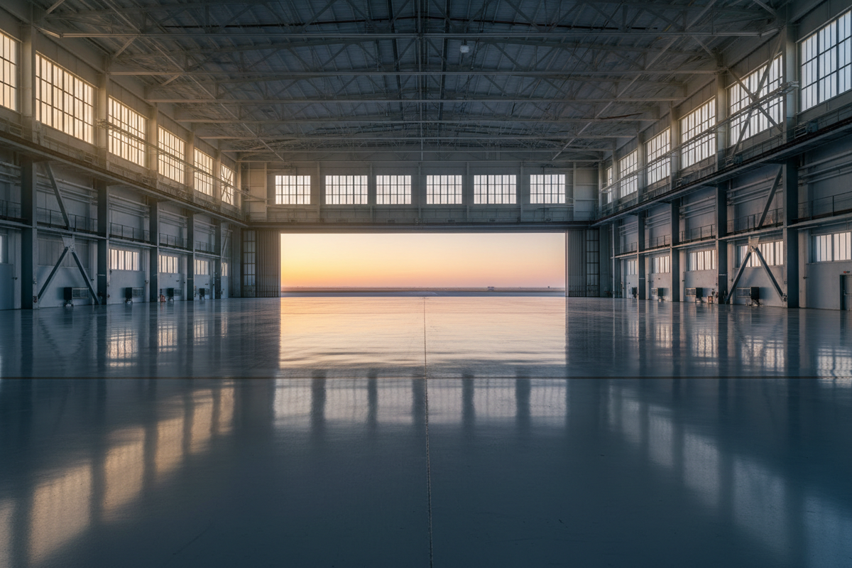 Sunlit empty aircraft hangar with a flawless glossy coated concrete floor reflecting the high structure