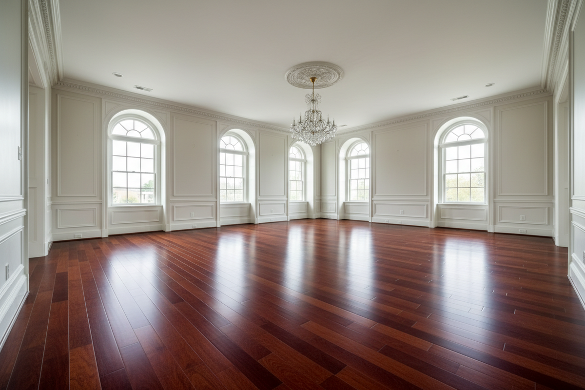 Elegant room floor with a rich even satin sheen and soft window reflections