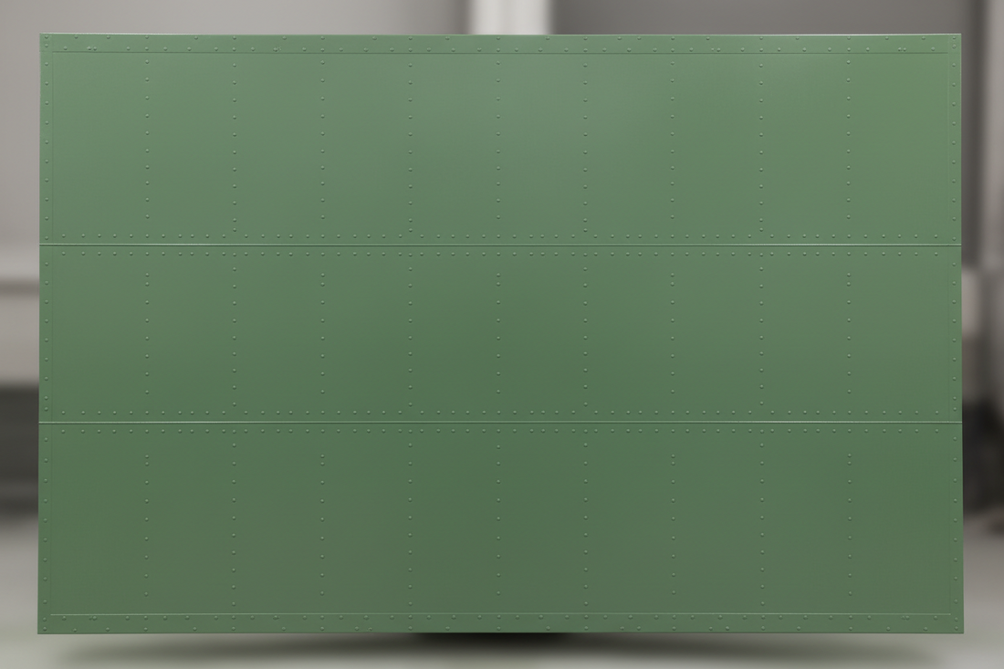 Aircraft panel evenly coated in matte green primer with a uniform film and coated fasteners