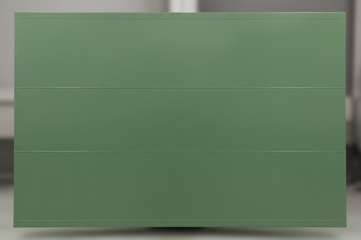 Aircraft panel evenly coated in matte green primer with a uniform film and coated fasteners