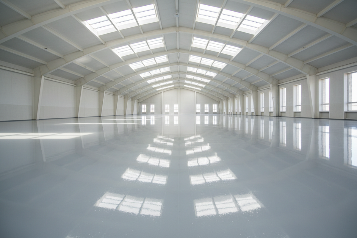 An expansive freshly coated commercial floor with a uniform mirror finish under skylights