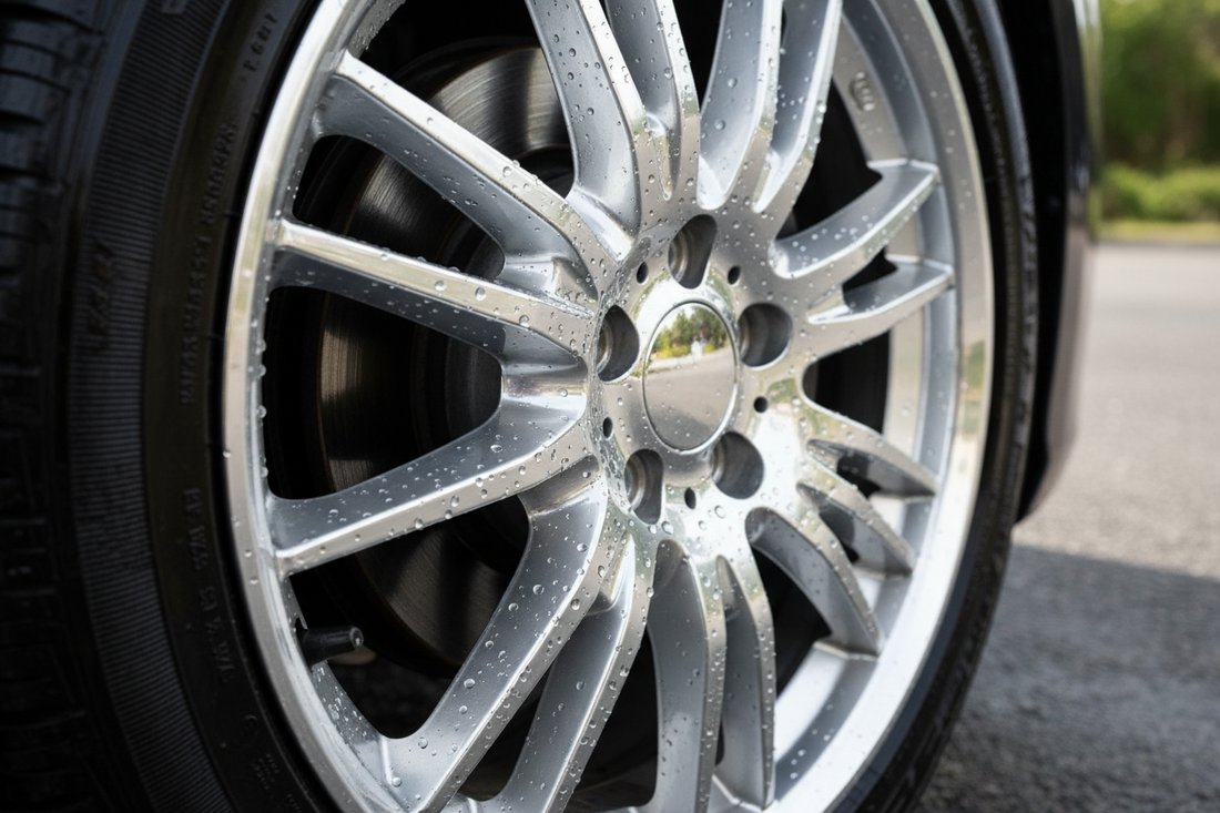 Glossy ceramic-coated alloy wheel with water beading across polished spokes