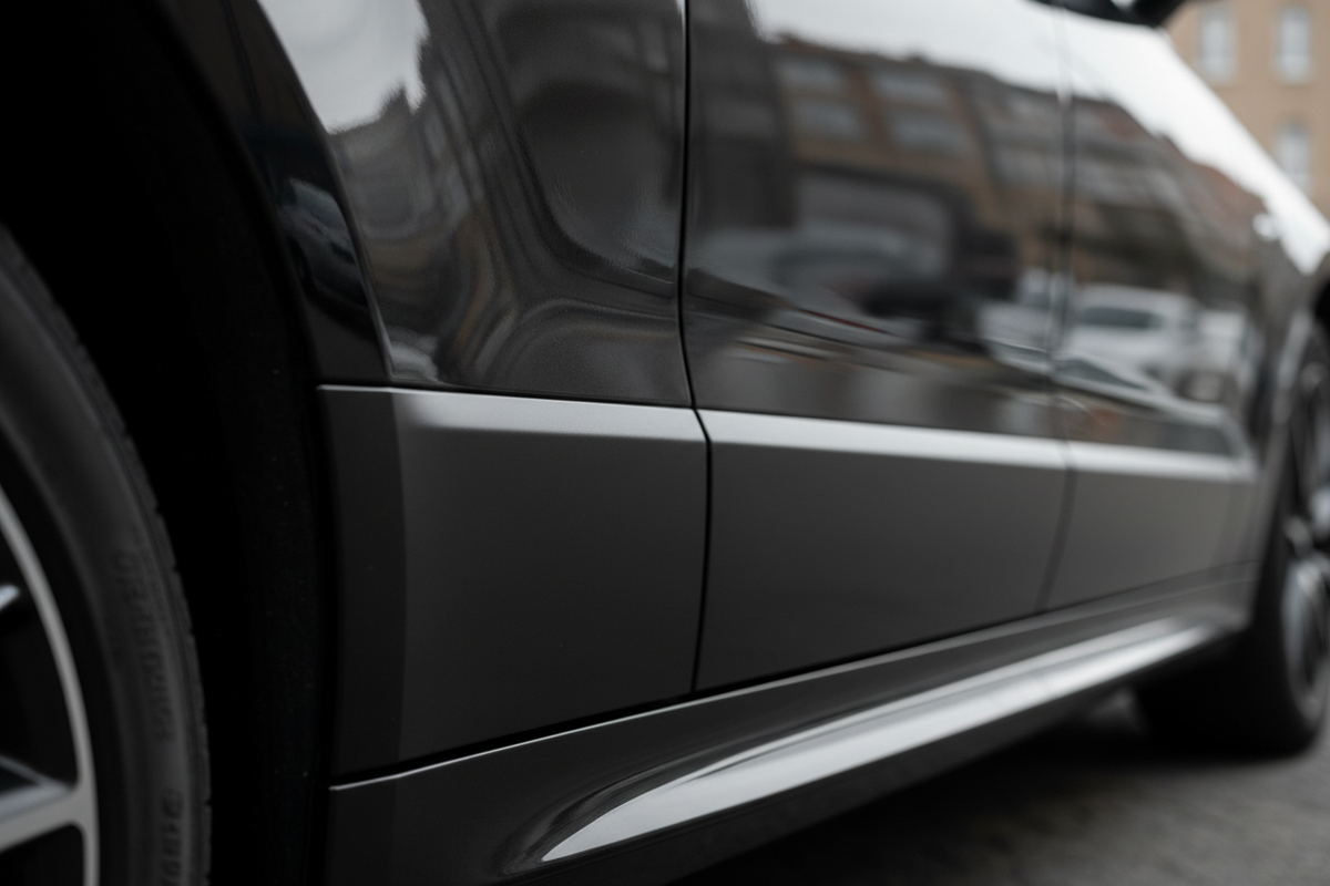 Restored deep satin-black exterior trim on a clean modern car