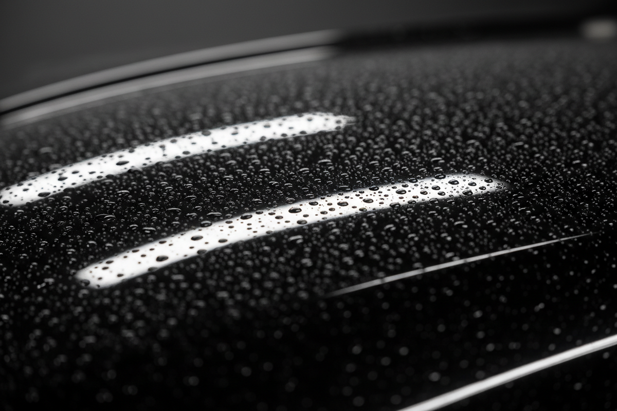 Mirror-gloss black car panel covered in tight uniform water beads