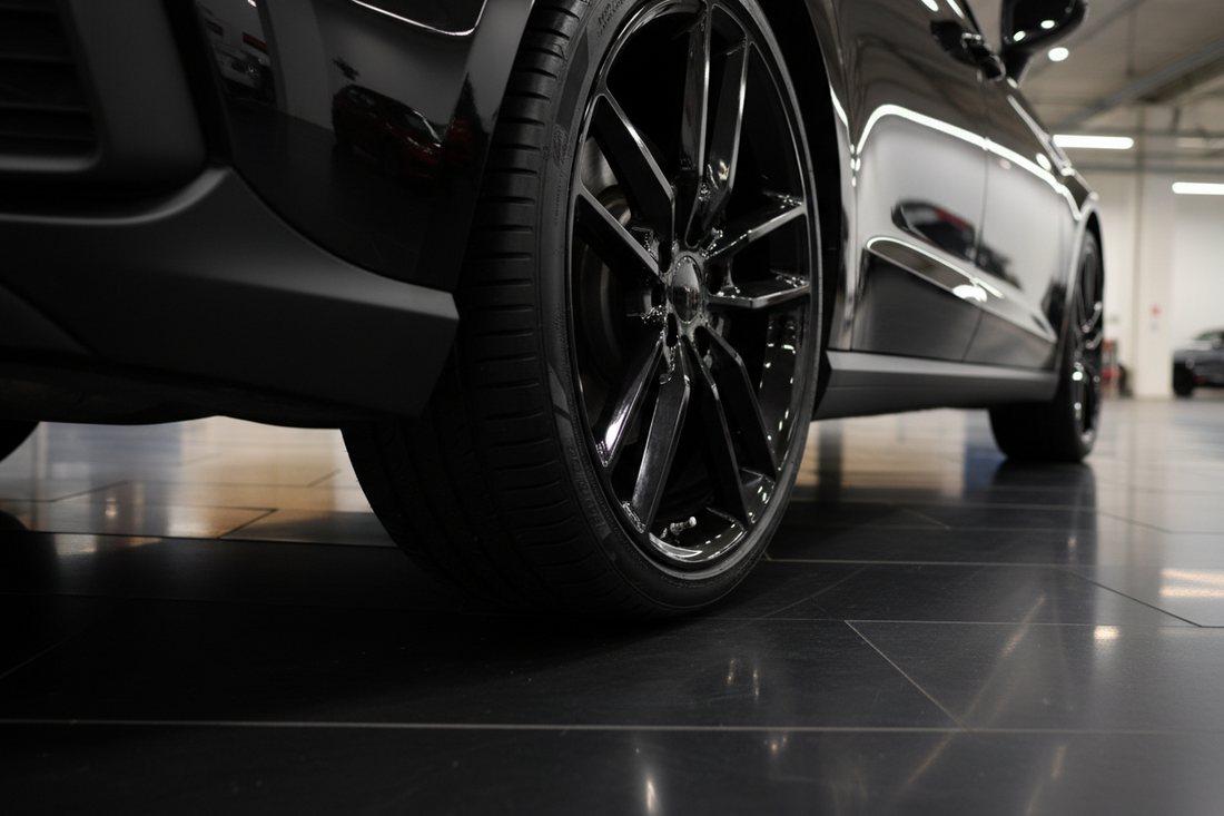 Show car lower body where a dark tire, black trim, and glossy wheel read as one uniform deep black